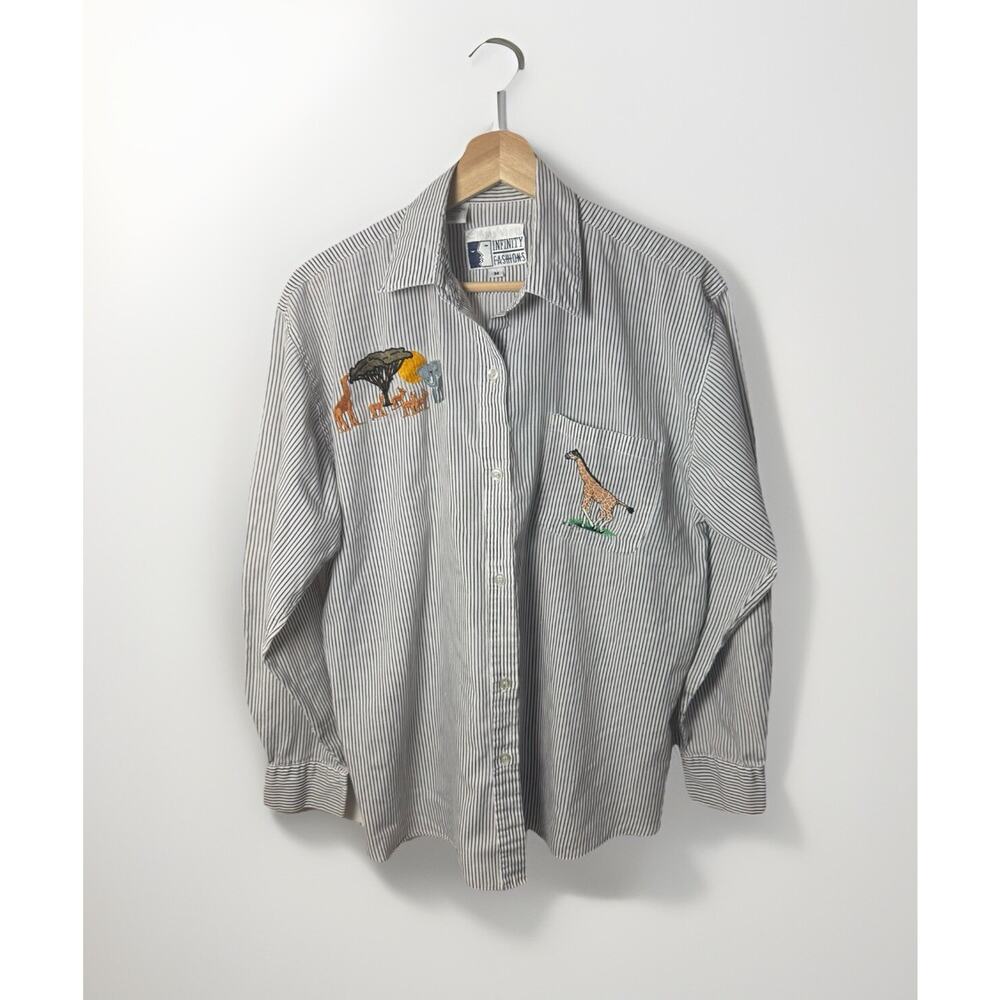 Infinity Fashions Shirt Womens Medium Safari Animals Zoo Embroidered Button Vtg